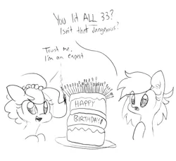 Size: 1552x1415 | Tagged: safe, artist:tjpones, derpibooru import, edit, editor:dsp2003, oc, oc:brownie bun, oc:meadow stargazer, earth pony, pony, birthday cake, birthday gift art, cake, female, fire, food, lineart, mare, monochrome, simple background, sketch, this will end in death, this will end in fire, this will end in tears and/or death, traditional art, white background, xk-class end-of-the-kitchen scenario