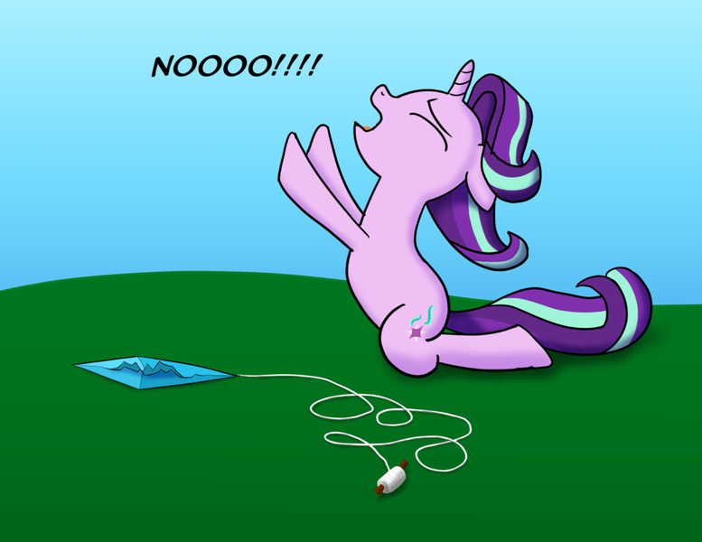 Size: 1024x791 | Tagged: safe, artist:tech--pony, derpibooru import, starlight glimmer, pony, unicorn, atg 2018, big no, broken, despair, heartbreak, kite, newbie artist training grounds, sad, solo, tearjerker, that pony sure does love kites, tragedy, tragic