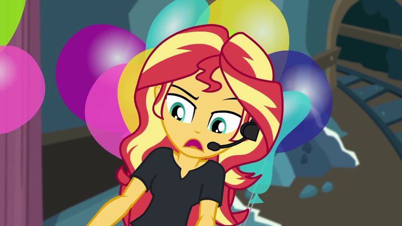 Size: 1280x720 | Tagged: safe, derpibooru import, screencap, sunset shimmer, all the world's off stage, equestria girls, equestria girls series, balloon, director shimmer, female, headset, school play, solo