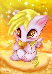 Size: 3900x5550 | Tagged: safe, artist:darksly, derpibooru import, derpy hooves, pegasus, pony, chibi, cute, derpabetes, female, food, heart eyes, muffin, solo, weapons-grade cute, wingding eyes