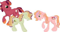 Size: 1040x559 | Tagged: safe, artist:summersketch-mlp, derpibooru import, oc, oc:discovery, oc:honeycrisp, oc:somerset sour cider, unofficial characters only, earth pony, pony, unicorn, kindverse, offspring, parent:big macintosh, parent:cheerilee, parent:sugar belle, parents:cheerimac, parents:sugarmac, simple background, transparent background