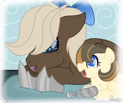 Size: 1556x1300 | Tagged: safe, artist:ipandacakes, derpibooru import, dumbbell, oc, oc:double dribble, pegasus, pony, kindverse, adopted offspring, amputee, bow, father and daughter, female, hair bow, hoof shoes, lipstick, male, movie accurate, parent:dumbbell, parent:hoops, parent:zippoorwhill, parents:dumbhoops, prosthetic limb, prosthetics