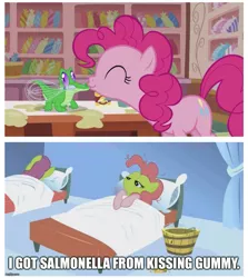 Size: 943x1058 | Tagged: safe, derpibooru import, edited screencap, screencap, cherry punch, gummy, pinkie pie, alligator, earth pony, pony, applebuck season, the lost treasure of griffonstone, bad end, comic, female, green face, mare, reality ensues, salmonella, screencap comic, sick