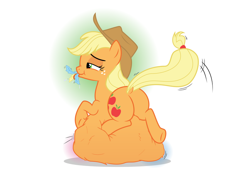 Size: 8000x6000 | Tagged: suggestive, artist:bellspurgebells, artist:ithinkitsdivine, derpibooru import, applejack, earth pony, pony, absurd resolution, belly, belly bed, dock, drool, endosoma, feather, female, fetish, flutterprey, implied fluttershy, implied rainbow dash, impossibly large belly, mare, plot, predajack, show accurate, simple background, soft vore, vector, vore