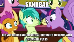 Size: 800x450 | Tagged: alicorn, a matter of principals, derpibooru import, edit, edited screencap, image macro, implied weed, matter of principals, meme, pot brownies, safe, sandbar, screencap, smolder, text, twilight sparkle, twilight sparkle (alicorn)