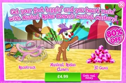 Size: 796x526 | Tagged: safe, derpibooru import, official, pony, advertisement, costs real money, gameloft, gem, grammar error, male, race track, sale, solo, stallion