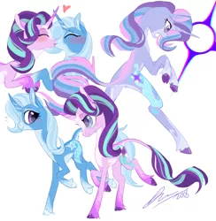 Size: 780x800 | Tagged: safe, artist:creeate97, derpibooru import, starlight glimmer, trixie, oc, oc:trixie glimmer, classical unicorn, pony, unicorn, cloven hooves, colored hooves, ear fluff, female, fusion, heart, kissing, leonine tail, lesbian, mare, shipping, simple background, startrix, trixie glimmer, unshorn fetlocks, white background