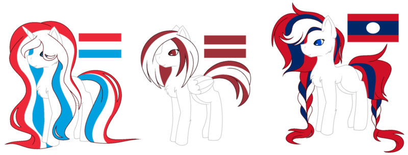 Size: 1024x391 | Tagged: safe, artist:cosmicwitchadopts, derpibooru import, ponified, earth pony, pegasus, pony, unicorn, female, laos, latvia, luxembourg, mare, nation ponies, simple background, transparent background