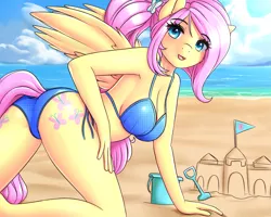 Size: 2273x1815 | Tagged: adorasexy, anthro, artist:twistedscarlett60, beach, bikini, both cutie marks, breasts, busty fluttershy, clothes, cute, derpibooru import, female, fluttershy, looking at you, looking back, looking back at you, mare, pegasus, ponytail, sandcastle, sexy, shyabetes, smiling, solo, solo female, string bikini, suggestive, swimsuit, water