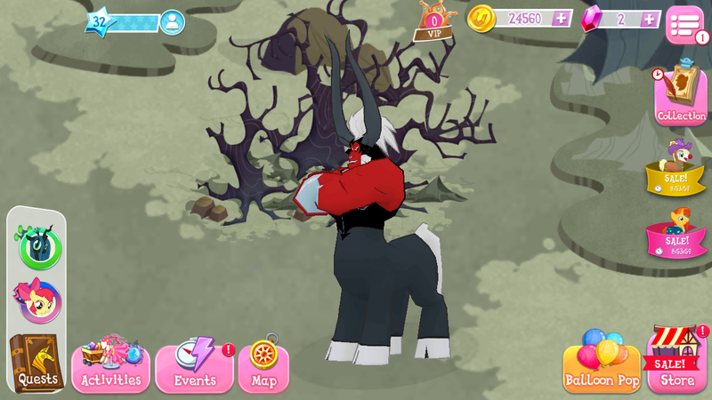 Size: 1280x720 | Tagged: apple bloom, centaur, cloven hooves, crossed arms, dead tree, derpibooru import, gameloft, game screencap, gem, lord tirek, queen chrysalis, safe, screencap, solo, sunburst, tree