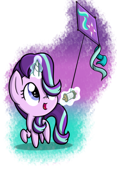 Size: 1024x1536 | Tagged: safe, artist:vcm1824, derpibooru import, starlight glimmer, pony, unicorn, chibi, cute, female, glimmerbetes, kite, looking up, mare, simple background, smiling, solo, transparent background