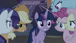 Size: 1280x720 | Tagged: applejack's hat, clone, clone six, conspiracy, cowboy hat, derpibooru import, edit, edited screencap, everfree forest, evil grin, g1, g1 to g4, generation leap, grin, hat, implied chrysalis, lyrics, mean applejack, mean fluttershy, mean pinkie pie, mean rainbow dash, mean rarity, mean six, mean twilight sparkle, safe, screencap, smiling, smirk, song reference, tempting fate, text, the glass princess, the mean 6