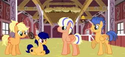 Size: 1024x469 | Tagged: applejack, artist:gigi-61, derpibooru import, family, female, flashjack, flash sentry, male, oc, oc:apple jr., oc:navy blue, parent:applejack, parent:flash sentry, parents:flashjack, safe, shipping, straight