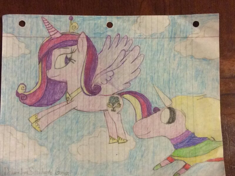 Size: 1024x765 | Tagged: adventure time, artist:stephgomz04, cloud, derpibooru import, flying, lady rainicorn, lined paper, princess cadance, safe, traditional art