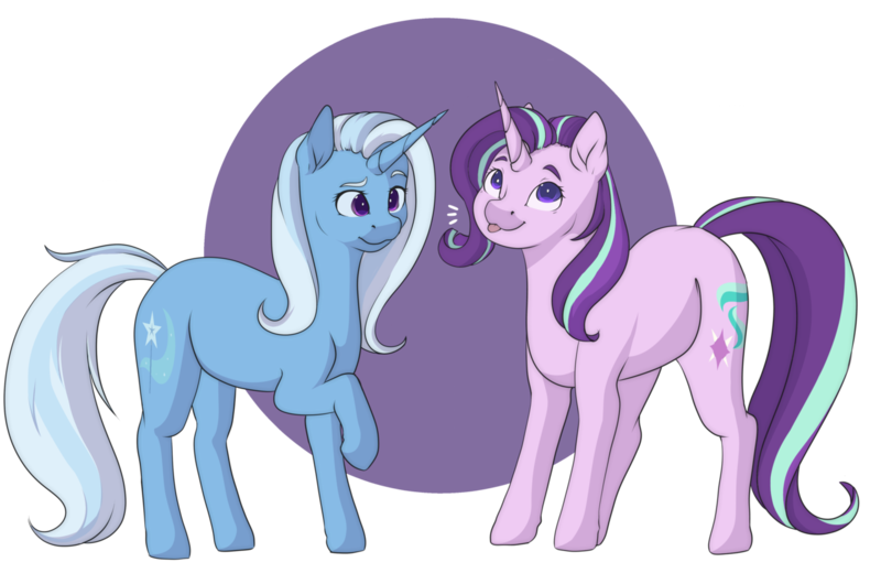 Size: 1280x832 | Tagged: safe, artist:rue-willings, derpibooru import, starlight glimmer, trixie, pony, unicorn, :p, duo, female, mare, silly, simple background, tongue out, transparent background