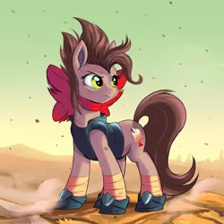 Size: 1280x1280 | Tagged: safe, artist:ask-colorsound, derpibooru import, oc, oc:choco mocca, earth pony, pony, fallout equestria, clothes, cutie mark, female, green eyes, mare, ribbon, solo, wasteland