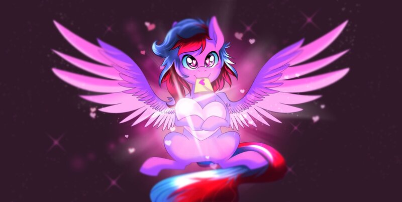 Size: 1261x634 | Tagged: safe, artist:ask-colorsound, derpibooru import, oc, oc:rose, unofficial characters only, pegasus, pony, female, heart, heart eyes, love, mare, purple eyes, smiling, solo, sparkle, wingding eyes