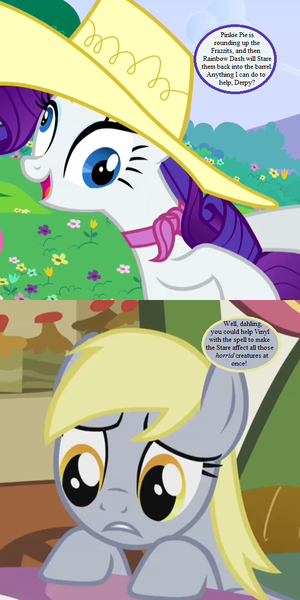 Size: 567x1134 | Tagged: a canterlot wedding, cropped, derp, derpibooru import, derpy hooves, edit, edited screencap, faic, g1, g1 to g4, generation leap, hat, implied frazzits, implied pinkie pie, implied rainbow dash, implied vinyl scratch, mish mash melee, personality swap, rarara, rarity, safe, screencap, slice of life, speech bubble, text, underp