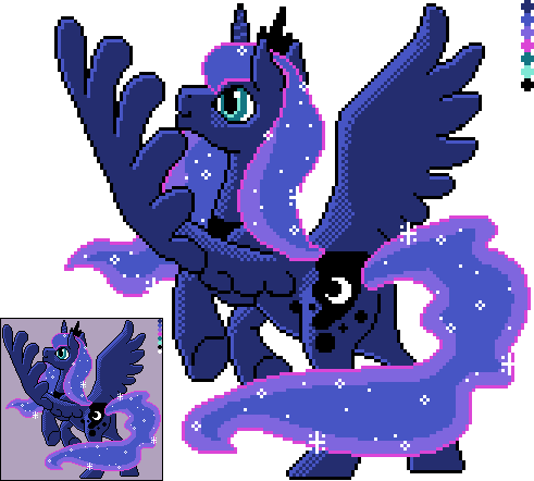 Size: 491x442 | Tagged: safe, artist:rugissang, derpibooru import, princess luna, alicorn, pony, female, mare, pixel art, simple background, solo, spread wings, transparent background, wings