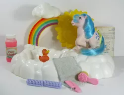 Size: 800x612 | Tagged: artist:breyer600, brush, bubble bath, cloud, comb, derpibooru import, duck, duck soup, food, g1, hair curlers, irl, photo, playset, pump, rainbow, safe, shower, sprinkles, sun, towel, toy, waterfall