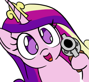 Size: 303x280 | Tagged: safe, artist:jargon scott, derpibooru import, princess cadance, alicorn, pony, aiming, bye anon, chibi, delet this, face of mercy, female, gun, handgun, hi anon, hoof hold, imminent murder, looking at you, mare, meme, open mouth, reaction image, revolver, simple background, smiling, solo, this will end in death, this will end in tears, this will end in tears and/or death, wat, weapon, white background