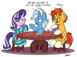 Size: 2375x1755 | Tagged: safe, artist:bobthedalek, derpibooru import, starlight glimmer, sunburst, trixie, pony, unicorn, :t, beard, cheating, clothes, facial hair, female, glasses, male, mare, playing card, poker, reverse strip poker, simple background, sitting, socks, stallion, stool, strip poker, striped socks, table, underwear, we don't normally wear clothes, white background, you're such a cheater bro