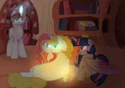 Size: 1024x727 | Tagged: alicorn, artist:sweets-macarons, book, candle, crown, derpibooru import, female, golden oaks library, infidelity, jewelry, male, oc, offspring, parent:prince blueblood, parents:twiblood, parent:twilight sparkle, prince blueblood, regalia, safe, shipping, straight, twiblood, twilight sparkle, twilight sparkle (alicorn)