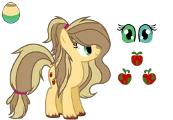 Size: 1500x1038 | Tagged: safe, artist:walkercassie, derpibooru import, oc, oc:poisoned apples, unofficial characters only, earth pony, pony, base used, egg, female, heterochromia, mare, offspring, parent:applejack, parent:caramel, parents:carajack, reference sheet, simple background, solo, transparent background, unshorn fetlocks