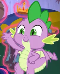 Size: 539x668 | Tagged: safe, derpibooru import, screencap, spike, dragon, a matter of principals, claws, cropped, crown, crown of grover, cute, fangs, flying, jewelry, magic, magic aura, male, regalia, smiling, spikabetes, winged spike, wings