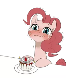 Size: 679x800 | Tagged: safe, artist:umeguru, derpibooru import, pinkie pie, earth pony, pony, crying, cupcake, cute, female, food, simple background, solo, transparent background