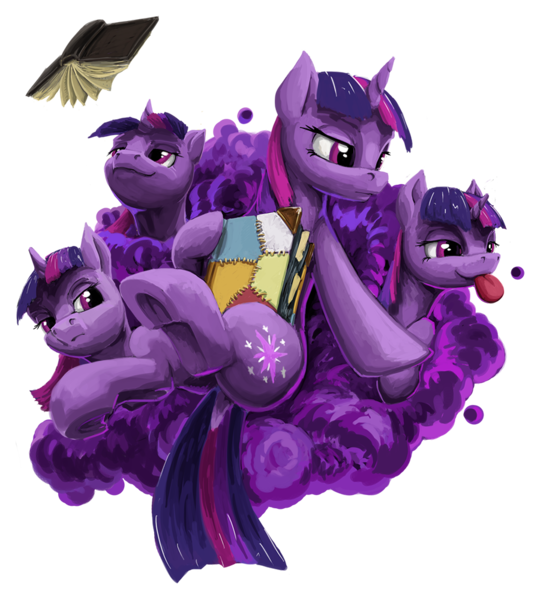 Size: 900x1000 | Tagged: safe, artist:da-exile, derpibooru import, twilight sparkle, pony, unicorn, atg 2018, book, female, hermaeus mora, mare, multeity, newbie artist training grounds, oghma infinium, simple background, the elder scrolls, tongue out, transparent background, unicorn twilight