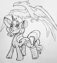 Size: 1282x1416 | Tagged: safe, artist:smirk, derpibooru import, oc, unofficial characters only, phoenix, pony, unicorn, duo, female, grayscale, mare, monochrome, not sunset shimmer, spread wings, traditional art, wings