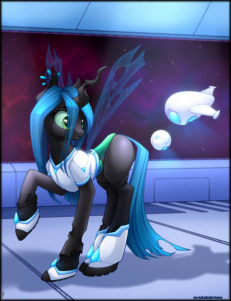 Size: 1474x1920 | Tagged: artist:xn-d, boots, changeling, changeling queen, clothes, derpibooru import, drone, female, queen chrysalis, safe, science fiction, shoes, socks, space