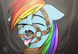 Size: 4200x2900 | Tagged: semi-grimdark, suggestive, artist:azerta56, derpibooru import, applejack, rainbow dash, earth pony, pegasus, pony, absurd resolution, appletini, ballgag, bdsm, bondage, bondage furniture, breath, bridle, chains, collar, drool, duo, female, females only, fetish, floppy ears, gag, harness balgag, harness gag, micro, one eye closed, open mouth, preddash, simple background, tack, tongue out, vore, worried