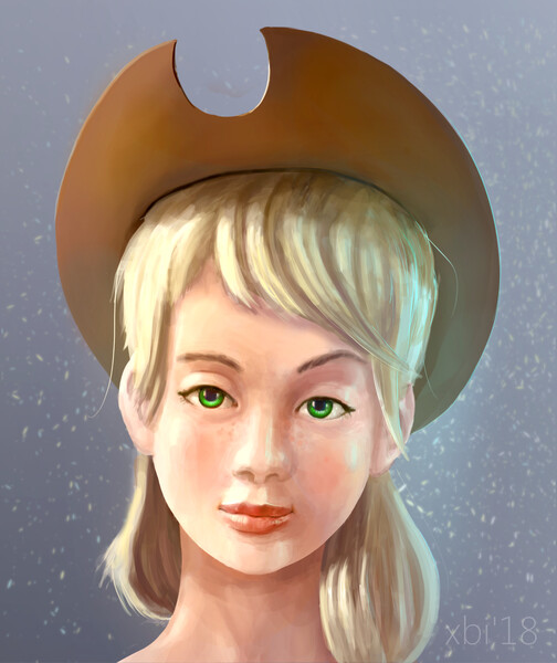 Size: 2261x2691 | Tagged: applejack, artist:xbi, bust, derpibooru import, hat, human, humanized, looking at you, portrait, raised eyebrow, realistic, safe, solo, uncanny valley