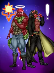 Size: 2371x3187 | Tagged: safe, artist:pia-sama, derpibooru import, oc, oc:red flare, unnamed oc, unofficial characters only, anthro, earth pony, pegasus, plantigrade anthro, abs, anthro oc, biceps, clothes, coat, cosplay, costume, cutie mark, deltoids, duo, flexing, halo, hat, high res, jojo's bizarre adventure, joseph joestar, jotaro kujo, male, muscles, pecs, stallion, thunder thighs