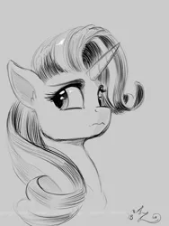 Size: 900x1200 | Tagged: safe, artist:amarynceus, deleted from derpibooru, derpibooru import, starlight glimmer, pony, unicorn, bust, female, gray background, grayscale, mare, monochrome, portrait, signature, simple background, solo