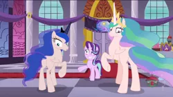 Size: 1920x1080 | Tagged: safe, artist:tralomine, derpibooru import, edit, edited edit, edited screencap, editor:slayerbvc, screencap, princess celestia, princess luna, starlight glimmer, alicorn, pony, unicorn, a royal problem, blushing, crown, embarrassed, female, furless, furless edit, grin, jewelry, looking back, mare, missing accessory, nervous, nervous grin, now you fucked up, nude edit, nudity, plot, plucked wings, raised hoof, regalia, royal sisters, shaved, smiling, spell gone wrong, treehouse logo, underhoof