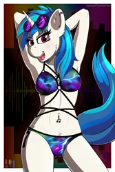 Size: 3000x4500 | Tagged: suggestive, artist:pedalspony, artist:raptorpwn3, derpibooru import, vinyl scratch, anthro, plantigrade anthro, unicorn, abs, adorasexy, armpits, belly button, bellyring, bra, breasts, chest fluff, clothes, cute, ear fluff, ear piercing, earring, female, fit, jewelry, looking at you, piercing, pinup, rave, sexy, solo, sunglasses, swimsuit, tail, tongue piercing, underwear