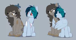 Size: 2498x1333 | Tagged: safe, artist:shinodage, derpibooru import, oc, oc:delta vee, oc:trash, unofficial characters only, earth pony, pegasus, pony, clothes, comforting, cute, eyes closed, female, floppy ears, gray background, hug, lesbian, mare, oc x oc, sad, shipping, shirt, simple background, smiling, teary eyes, trashvee, winghug