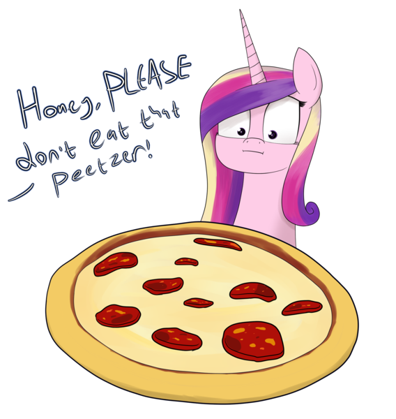 Size: 1795x1897 | Tagged: safe, artist:moonatik, derpibooru import, princess cadance, alicorn, pony, female, food, implied shining armor, mare, meat, peetzer, pepperoni, pepperoni pizza, pizza, ponies eating meat, simple background, solo, speech, tempting fate, that pony sure does love pizza, transparent background