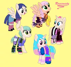 Size: 872x816 | Tagged: safe, artist:rosesweety, derpibooru import, ponified, earth pony, pegasus, pony, unicorn, astoria rapunzel, joy lefrog, lingling ironfan, regal academy, rose cinderella, ruby stepsister