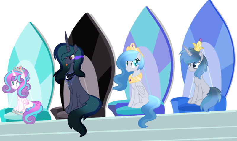 Size: 1024x611 | Tagged: safe, artist:leanne264, derpibooru import, princess flurry heart, oc, oc:akyfall, oc:dark galaxy, oc:maximus, pegasus, pony, unicorn, alicorn thrones, base used, crown, female, jewelry, male, mare, next generation, offspring, older, parent:king sombra, parent:princess celestia, parent:princess luna, parent:royal guard, parents:guardlestia, parents:lumbra, regalia, simple background, stallion, tongue out, transparent background