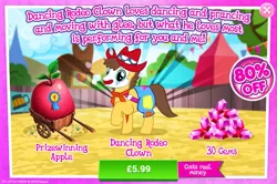 Size: 797x529 | Tagged: safe, derpibooru import, official, earth pony, pony, advertisement, apple, clothes, clown, costs real money, food, gameloft, gem, giant apple, hat, male, raised hoof, rodeo clown, sale, stallion