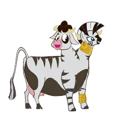 Size: 710x743 | Tagged: artist:theunknowenone1, conjoined, cow, daisy jo, derpibooru import, fat, fused, fusion, horns, jocora, merge, multiple heads, not salmon, safe, simple background, stuck together, transparent background, two heads, udder, wat, zebra, zebrow, zecora