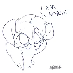 Size: 1603x1603 | Tagged: safe, artist:spoopygander, derpibooru import, oc, oc:noxington nocte, unofficial characters only, pony, unicorn, bust, chest fluff, cute, glasses, looking up, male, monochrome, portrait, signature, simple background, solo, stallion, text, white background