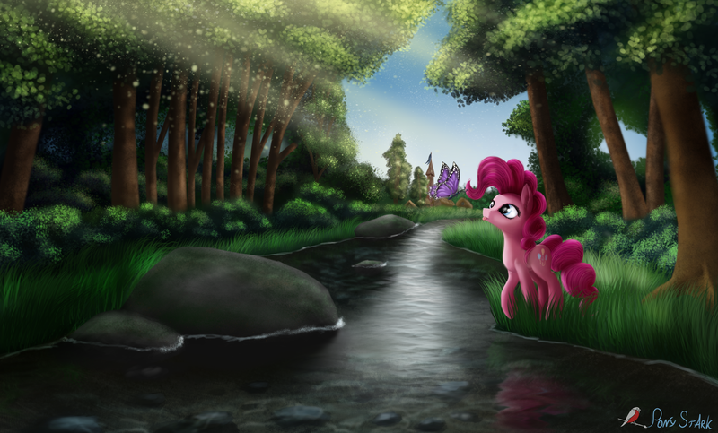 Size: 3653x2205 | Tagged: safe, artist:pony-stark, derpibooru import, pinkie pie, earth pony, pony, female, forest, mare, river, scenery, solo, water