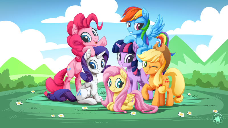 Size: 1920x1080 | Tagged: safe, artist:mysticalpha, derpibooru import, applejack, fluttershy, pinkie pie, rainbow dash, rarity, twilight sparkle, earth pony, pegasus, pony, unicorn, cowboy hat, female, hat, mane six, mane six opening poses, mare, one eye closed, raised hoof, scene interpretation, sitting, unicorn twilight, wink