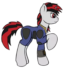 Size: 1060x1200 | Tagged: safe, artist:redquoz, derpibooru import, oc, oc:blackjack, pony, unicorn, equestria daily, fallout equestria, fallout equestria: project horizons, fanfic, clothes, day 17, fanfic art, female, hooves, horn, mare, newbie artist training grounds, pipbuck, raised hoof, security armor, simple background, small horn, solo, transparent background, vault security armor, vault suit