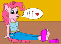 Size: 1014x732 | Tagged: anthro, artist:logan jones, barefoot, clothes, cute, derpibooru import, feet, flip-flops, happy, heart, human, jeans, one shoe off, pants, pinkie pie, safe, sandals, soles, speech bubble, toes